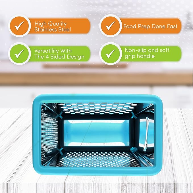 Spring Chef Professional 10" Stainless Steel Parmesan Cheese Grater with Handle, 4 Sided Handheld Box Grater, Kitchen Food Shredder for Potato, Cheese, Ginger, Veggie - Aqua Sky