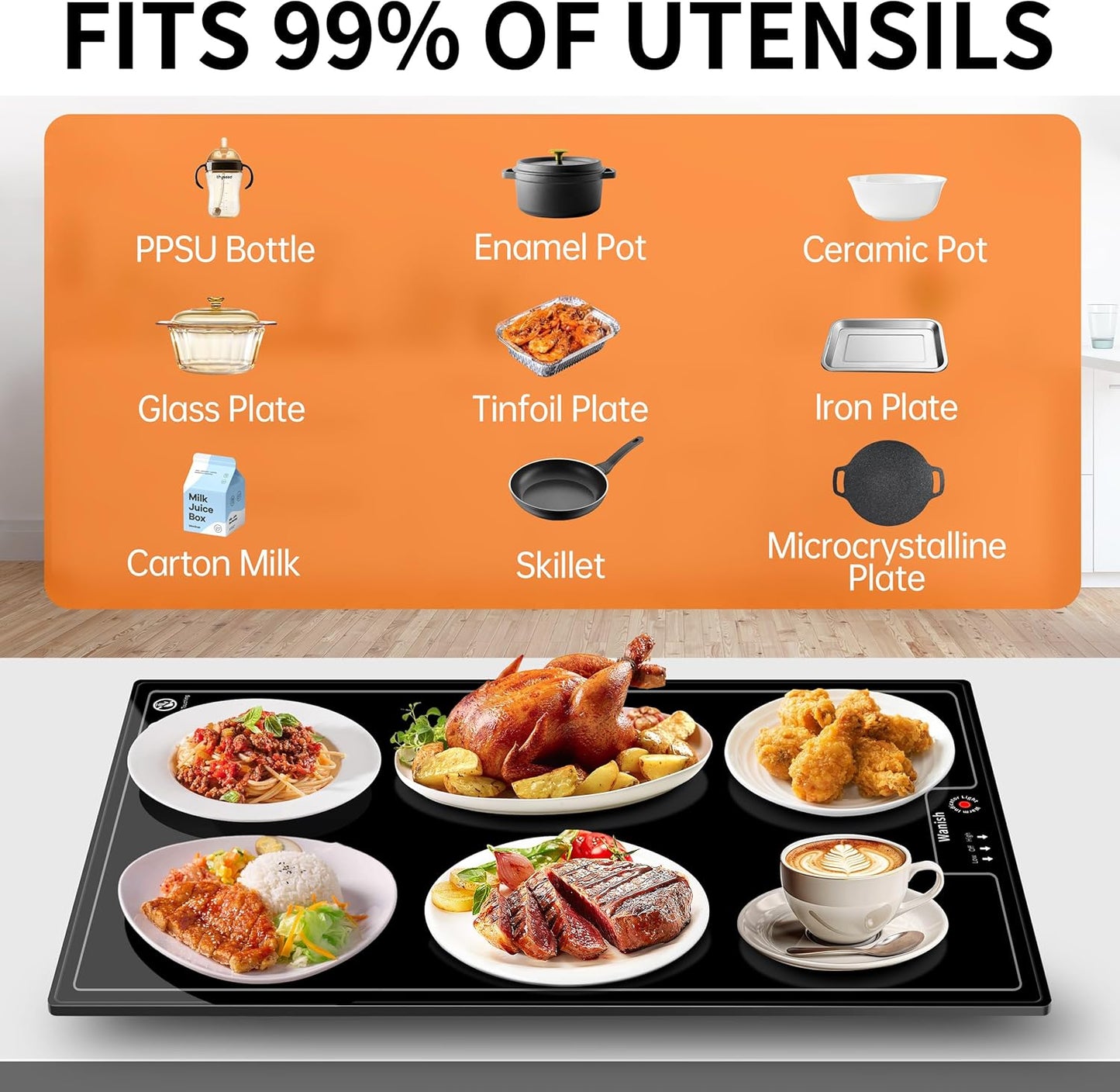 Electric Warming Tray（Large 22”x14”），Food Warmer with Thermostat and Full Surface Heating，Food Warming Mat with 2 Temperature Modes for Parties Buffet，Gatherings，Heat Resistant Glass，Black