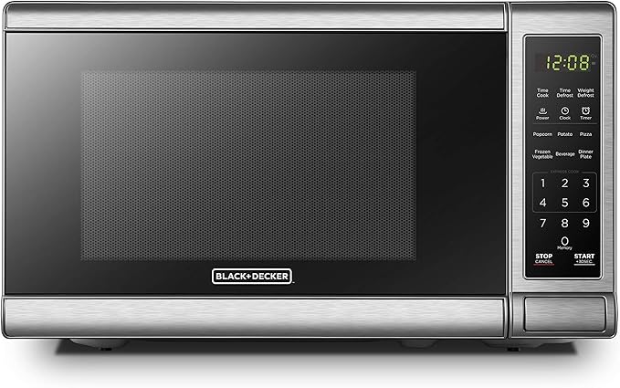 BLACK+DECKER EM720CB7 Digital Microwave Oven with Turntable Push-Button Door, Child Safety Lock, 700W, Stainless Steel, 0.7 Cu.ft