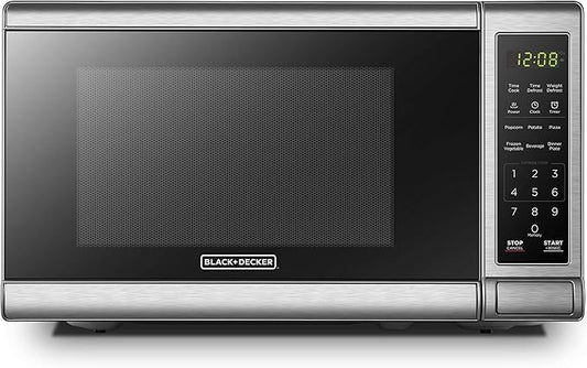 BLACK+DECKER EM720CB7 Digital Microwave Oven with Turntable Push-Button Door, Child Safety Lock, 700W, Stainless Steel, 0.7 Cu.ft