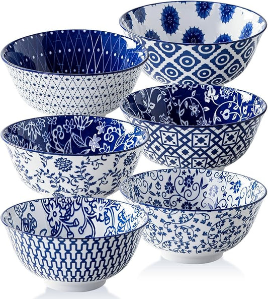 Ceramic Soup Bowls Set - 24 Oz Deep Cereal Bowl for Kitchen - 6 Inch Large Porcelain Dinner Bowl Eating Salad Pasta Dessert Oatmeal - Microwave Dishwasher Safe - Set of 6 - Vintage Blue