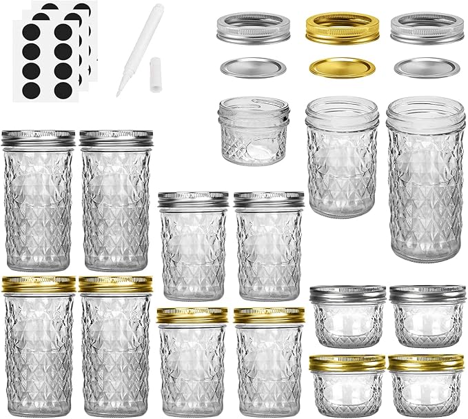 12 Pack Glass Mason Canning Jars With Regular Lids, Ideal for Jam, Jelly, Honey, Wedding Favors, Shower Favors, Baby Foods, DIY - 4 OZ x 4, 8 OZ x 4, 12 OZ x 4
