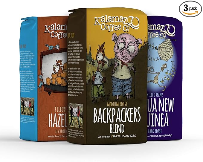 KALAMAZOO COFFEE COMPANY Whole Bean Coffee Variety Pack - Hazelnut, Backpackers Blend, & Papua New Guinea | 12oz Bag (3 Pack)