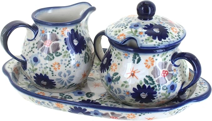 Blue Rose Polish Pottery Carnival Sugar & Creamer with Tray