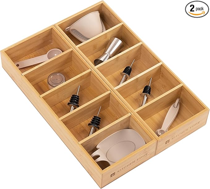 Premium Kitchen Utensils and Junk Drawer Organizer – Small 5-Compartment Design with 4 Removable Dividers, Non-Slip Feet, 100% Sustainable Bamboo, 2 Pack