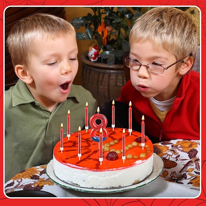 13 Pcs Spider Themed Birthday Candle Set Red Spider Theme Number 8 Candle Cake Topper for Boys Girls Birthday Decoration Spider Party Decoration Supplies (Number 8)