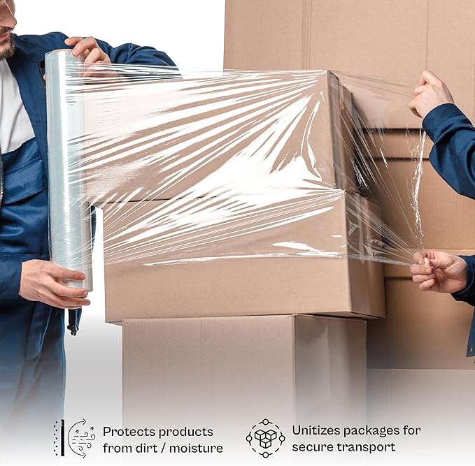 PSBM Stretch Wrap, 4 Pack, 18 Inch x 1500 Feet, 65 Gauge, Clear Plastic Cling, Cast Hand Stretch Film Rolls for Packaging Moving Packing Pallets