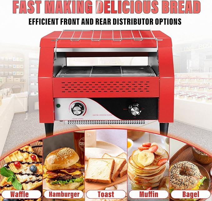 Commercial Conveyor Toaster 450 Slices/Hour Red Conveyor Toaster 3 Modes/7 Speeds Stainless Steel Tabletop Toaster for Toast, Bagels and Other Baked Breads