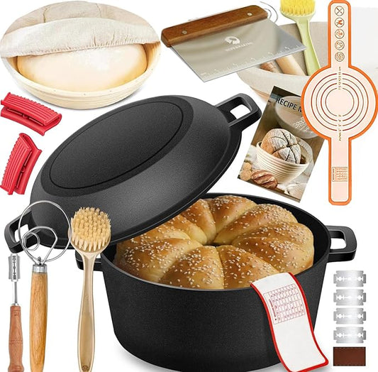 Cast Iron Dutch Oven with Lid and Double Handle for Bread Baking,Cast Iron Skillet Cooking Pan Heat Resistant,Non-Stick, Includes Bread Baking Supplies and Cleaning Brush,5QT
