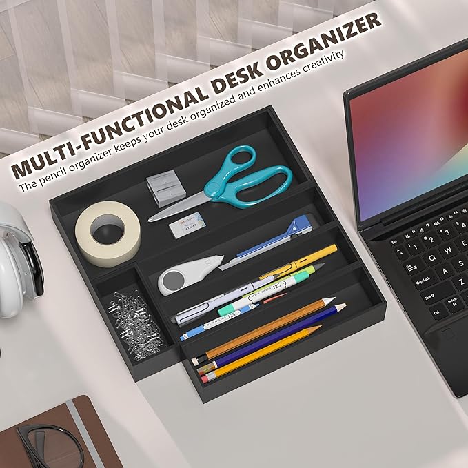 Kitchen Drawer Organizer Bins, Black Bamboo Drawer Organizer Stackable for Silverware, Utensils, Cutlery, Flatware, Junk Drawer, Dresser, Bathroom, 9" x 3" x 2.5" (Set of 2)