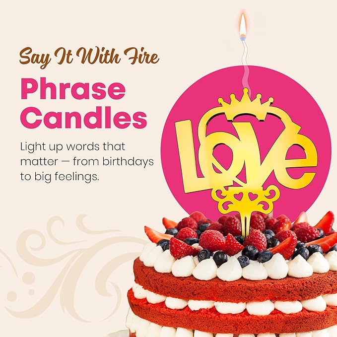 Love Reusable Gold Romantic Cake Candle - Luxury Cake Topper Candle for Birthdays, Weddings & Anniversaries - Reusable Food Safe Acrylic, Shiny Mirror Finish - Happy Birthday Cake Topper Décor