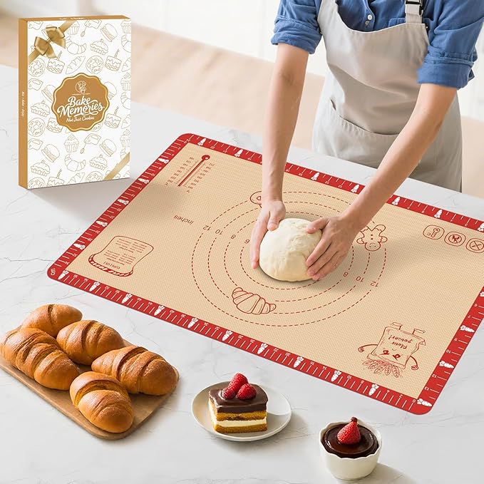 Non-Slip Silicone Baking Mat - 20x28 inch Extra Thick Pastry Mat with Measurements for Sourdough, Macarons, Bread, Pizza, Dough Rolling, Kneading, Oven Mat Heat Resistant to 480°F Gift for Baker