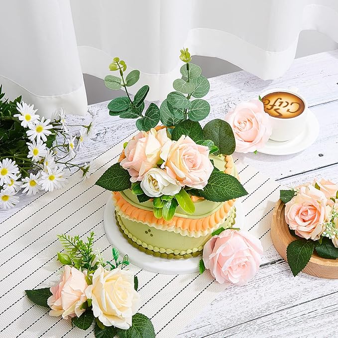 Taiyin 9 Pcs Flower Cake Topper Boho Cake Decorations Eucalyptus Flowers Floral Decorations for Women Wedding Birthday Party Anniversary(Light Pink)