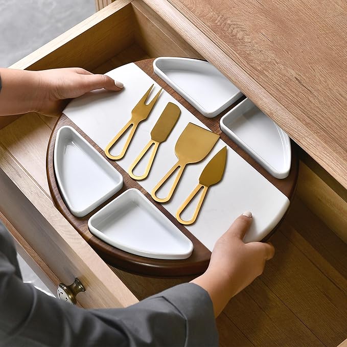 Shanik Upgraded Lazy Susan Cheese Cutting Board Set - Round Acacia Charcuterie Board With 4 Ceramic Bowls - Wedding Gifts - Cheese Serving Platter - Bridal Shower