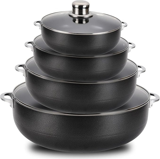 Alpine Cuisine 8-Piece Nonstick Aluminum Caldero Cookware Set with Glass Lids | Durable Pots for Stew & Rice, Easy Clean, 2, 3.5, 7, 13 Quart, Black