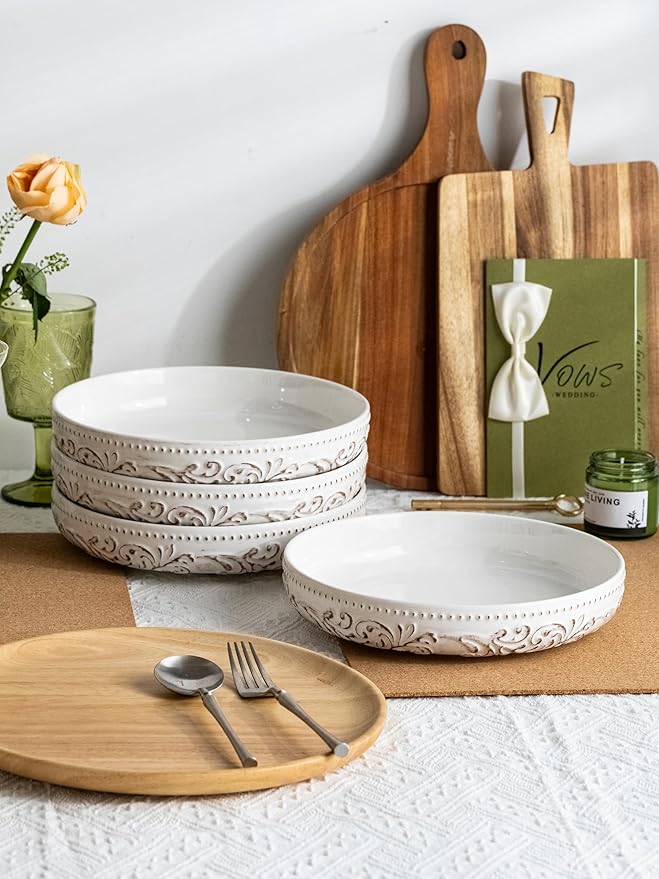 YHOSSEUN 9.75" Large Pasta Bowls, 50 OZ Salad Bowl Ceramic Serving Bowls Set of 4, Wide and Shallow Kitchen Bowl Plates Pasta Plates, Antique Morning Glory