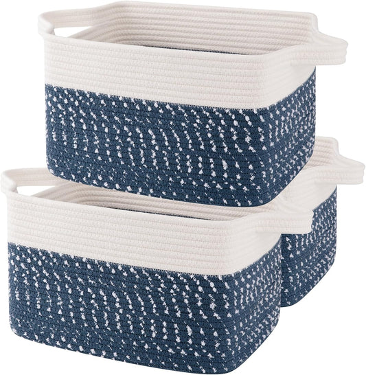 OIAHOMY Storage Basket, Woven Baskets for Storage, Cotton Rope Basket for toys,Towel Baskets for Bathroom - Pack of 3,White Blue