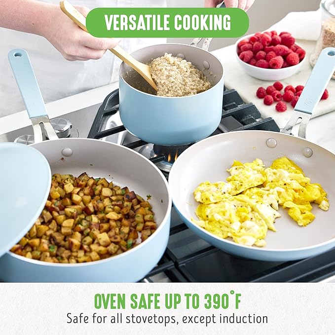 GreenLife 10-Piece Nonstick Ceramic Cookware Set, Lightweight Healthy PFAS-Free Pots & Pans with Lids, Dishwasher & Oven Safe, Durable Body, Silicone Stay-Cool Handles, Easy Release, Blue Haze