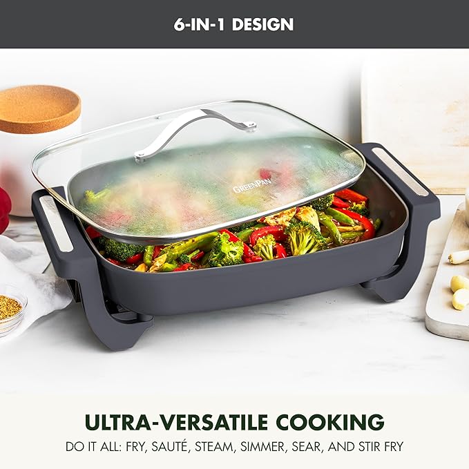 GreenPan Advanced 12” X 15” Electric Skillet with Lid, 7QT Capacity for Family Meals, Healthy Ceramic Nonstick PFAS-Free Coating, Fry, Sauté, Steam, Simmer, Sear, Stir Fry, Dishwasher Safe, Graphite