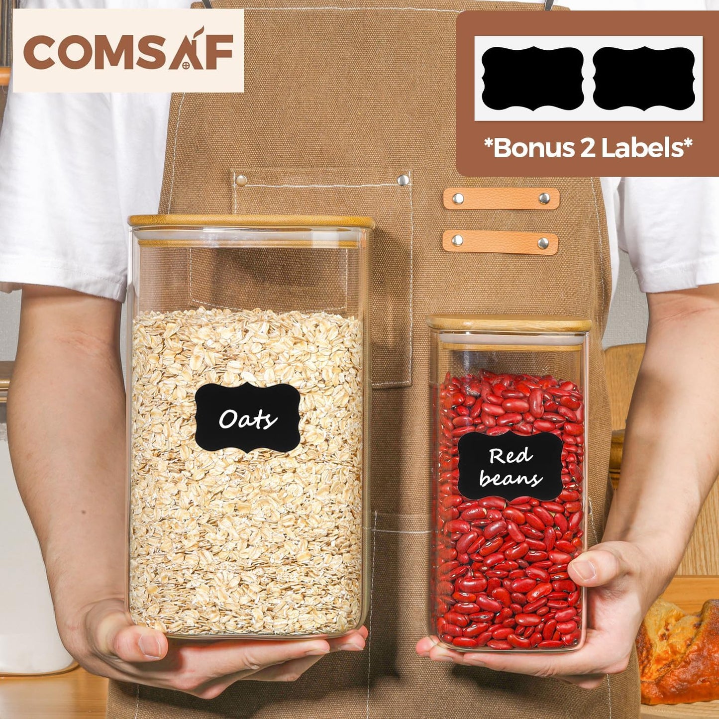 ComSaf Glass Pantry Storage Containers, 148/51 oz Large Square Flour and Sugar Containers with Airtight Lids, Gallon Glass Jars with Bamboo Lids for Rice, Pasta, Cookies, Coffee Beans
