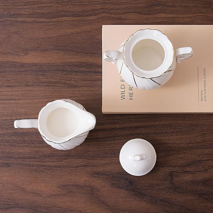 Sugar and Creamer Set Ceramic, Creamer Pitcher and Sugar Bowl with Lid, Creamer Pitcher with Handle,Sugar Cube Dish Coffee or Tea, White with gold thread