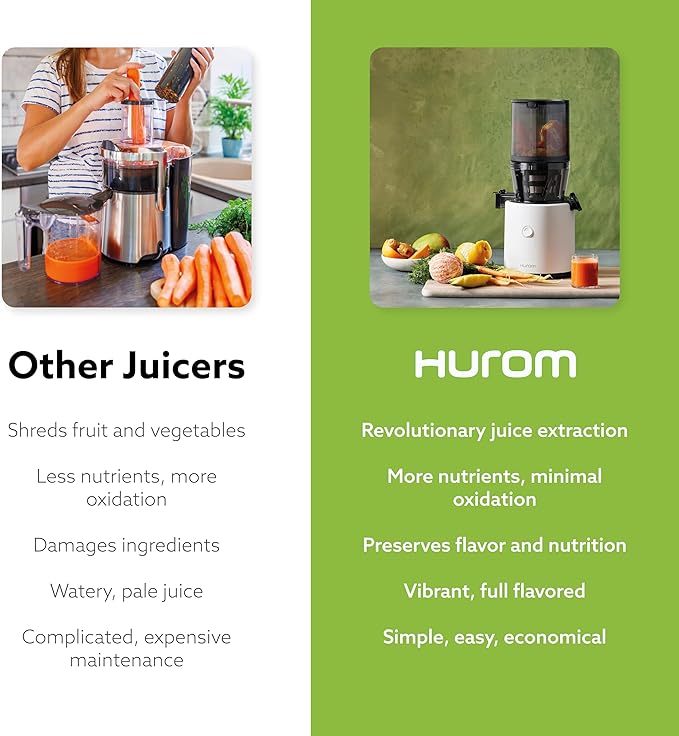 Hurom H320 Cold Press Juicer Machine, Easy to Clean Masticating Slow Juicer, Coarse Strainers, Self-Feeding, Hands Free, Family Size, Quiet Motor, Easy Assembly (White)