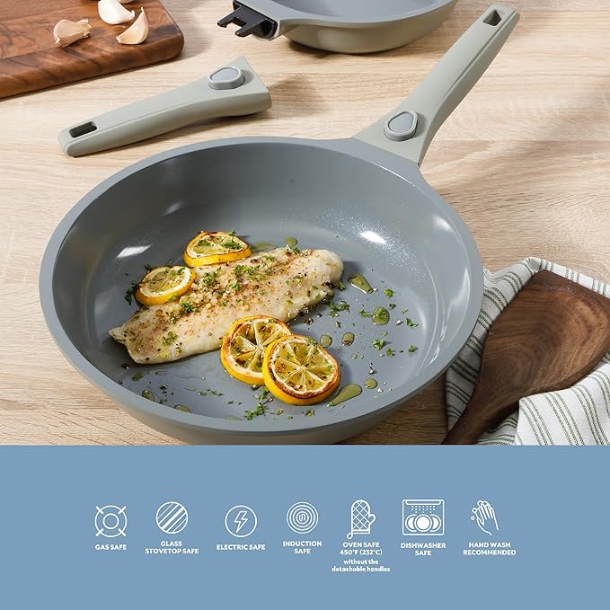 Sur La Table Kitchen Essentials Craft Studio Cast Aluminum Detachable Handle 8 and 10 Inch Skillet Fry Pan Set w/PFA Free Ceramic Non Stick Removable Handle Induction Safe - Eggshell White