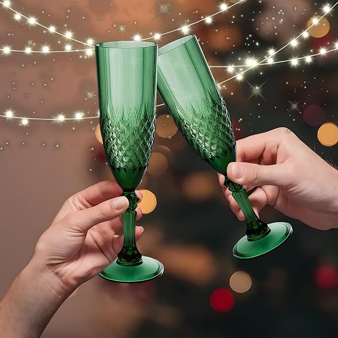 Plastic Champagne Flutes, 24PCS Dark Green Plastic Wine Glasses Goblets Reusable Champagne Flute for Weddings, Bachelor Parties, Toasting, and Events(24, Dark Green)