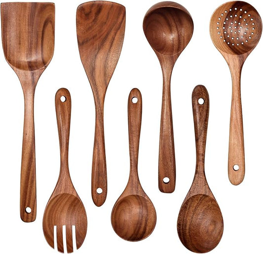 Wooden Non-Stick Kitchen Pan Toolset 7 Pieces Set,100% Natural Teak Kitchen Utensils Spatula, Wooden Cooking Utensils Spoons, Fried Spatula and Salad Fork