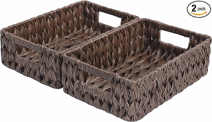 GRANNY SAYS Wicker Baskets with Handles,Small Woven Basket for Storage, Waterproof Storage Basket Organizer,Decorative Storage Boxes for Organing Pantry,Brown Basket,2-Pack,11 1/4''L x 7 1/2''W x 3 1/2''H