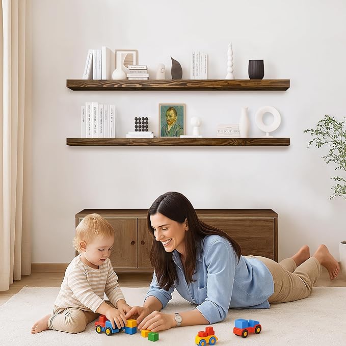 Rustic Floating Shelves 72 inch Long 8 "deep Set of 2, Heavy Duty Wood Wall Mounted Shelves for Bathroom Living Room Kitchen,Book Shelves with Thickened Hidden Bracket- Walnut