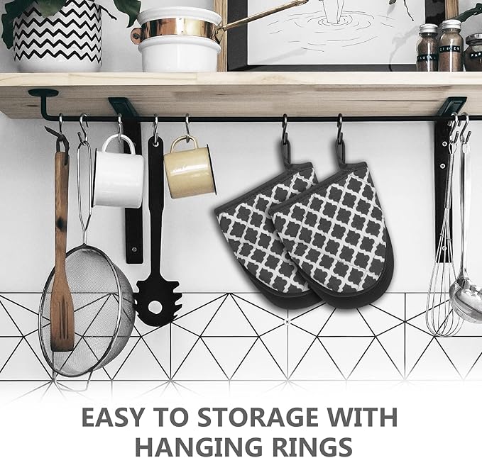 Qulable 1 Pair Short Oven Mitts - Silicone Kitchen Oven Gloves High Heat Resistant 500℉, Mini Oven Mits with Non-Slip Grip Surfaces and Hanging Loop for BBQ, Baking, Cooking and Grilling (Dark Gray)