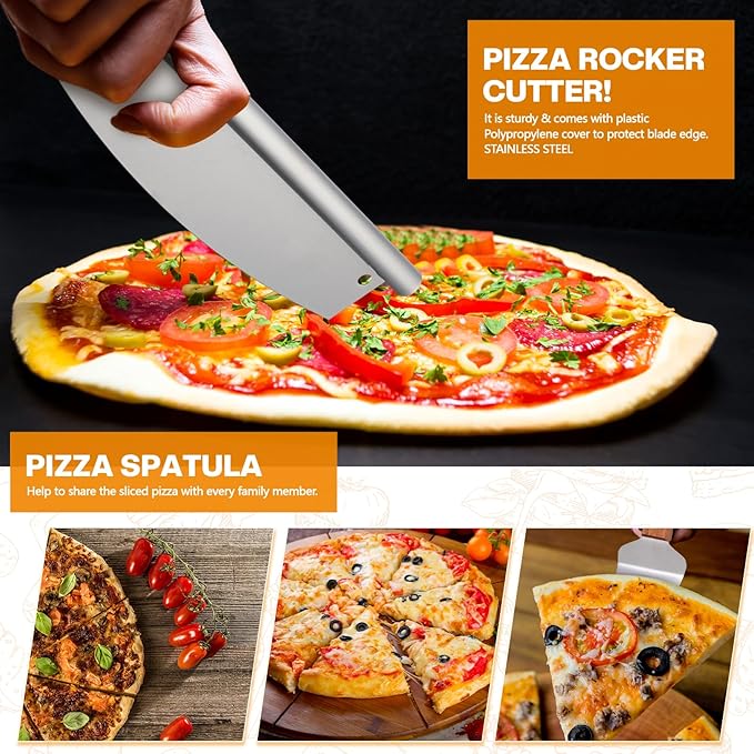 Perforated Pizza Peel 12 x 14 Inch Paddle Spatula with Foldable Handle Pizza Cutter Rocker 14'' Blade and Metal Spatula for Family Oven Accessories and Chopper Knife Tools