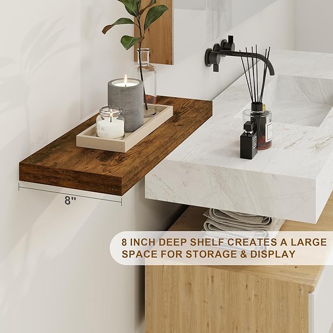 Fun Memories Floating Shelves, 8 Inch Deep Floating Shelves, Rustic Wood Fireplace Mantel 48 in Long, 48 x 8 Floating Wall Shelves for Living Room, Kitchen, Bedroom, Rustic Brown, 1 Pack