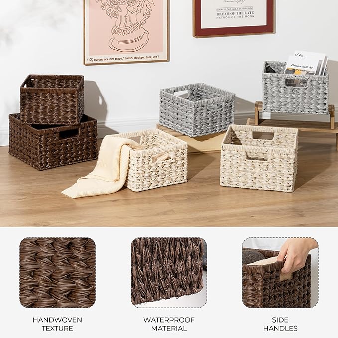 GRANNY SAYS Wicker Baskets for Organizing, Storage Basket for Shelves, Square Shelf Baskets with Handles, Waterproof Woven Basket for Living Room, Baskets for Entryway, Brown