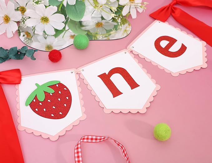 Strawberry First Birthday High Chair Banner - Strawberry Berry One 1st Birthday Highchair,Fruit Themed 1st Party Decorations,Sweet One Highchair Banner (Strawberry one banner)