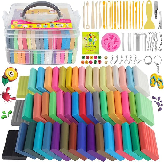 Polymer Clay Kits 50 Colors,Modeling Clay for Kids DIY Mold Oven Bake Clay with Storage Box Sculpting Tools and Accessories,for Kids Adult and Artist Friendly Ideal Gifts