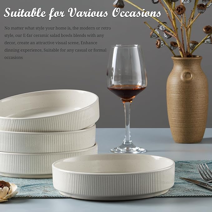 E-far Pasta Bowls Set of 4, 35oz Large Salad Bowl Plate for Dinner Serving Soup, Wide & Shallow Ceramic Stoneware Pasta Plates, Microwave & Dishwasher Safe, Textured Stripes & Speckled White, 8”