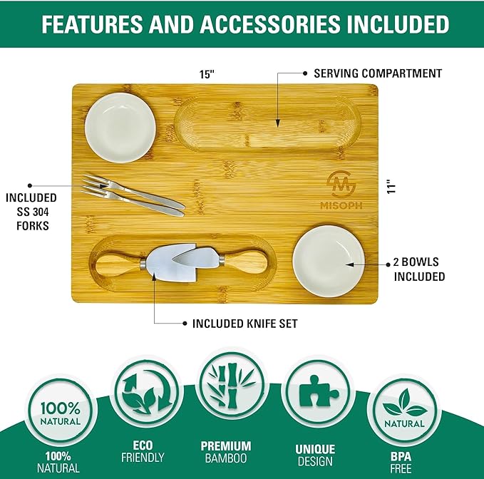 Bamboo Cheese Board with Knife, Bowl, Fork Set, Wood Charcuterie Platter & Food Serving Tray for Wine Glasses, Misoph Collection