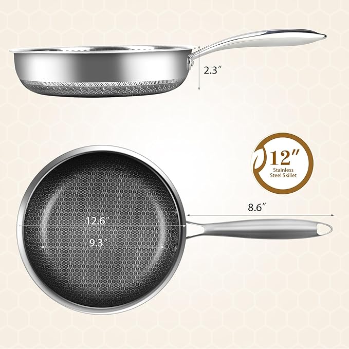 MDHAND 12 Inch Nonstick Frying Pan with Tempered Glass Lid, Premium Stainless Steel Skillet with Stay-Cool Handle, Dishwasher-Friendly, Oven-Safe, Induction Ready, Compatible with All Cooktops