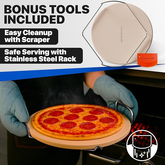 KitchenStar 14-inch Pizza Stone for Oven and BBQ Grill with Handles, Round, 5/8" Thick - Natural Cordierite, 1800 °F Resistant, Baking Stone Set with Stainless Steel Rack & Plastic Scraper Tool