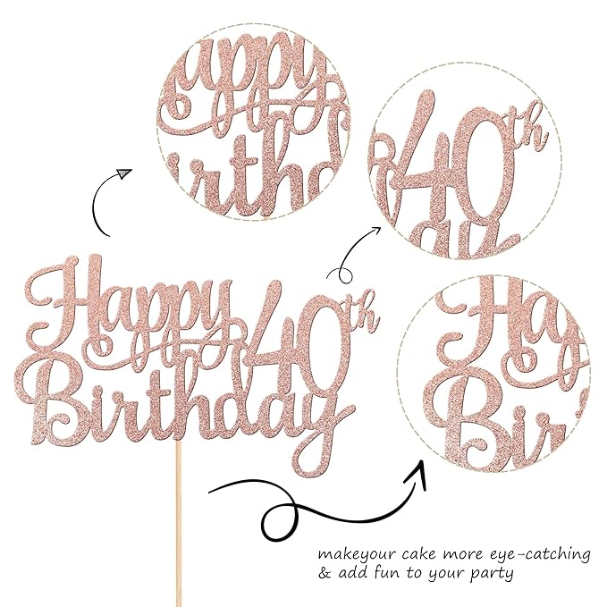 1 PCS Happy 40th Birthday Cake Topper Glitter Cheers to 40 Years Birthday Cake Pick 40 Fabulous Cake Decoration for Happy 40th Birthday Anniversary Party Decorations Supplies Rose Gold