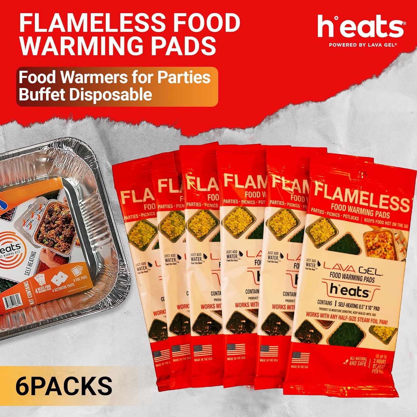 Flameless Food Warming Pads (6 Pack) - Food Warmers for Parties Buffet Disposable - Party Buffet Servers and Warmers for Half Size Pans - Heating Pads for Chafing Dish- Must-Have Catering Supplies