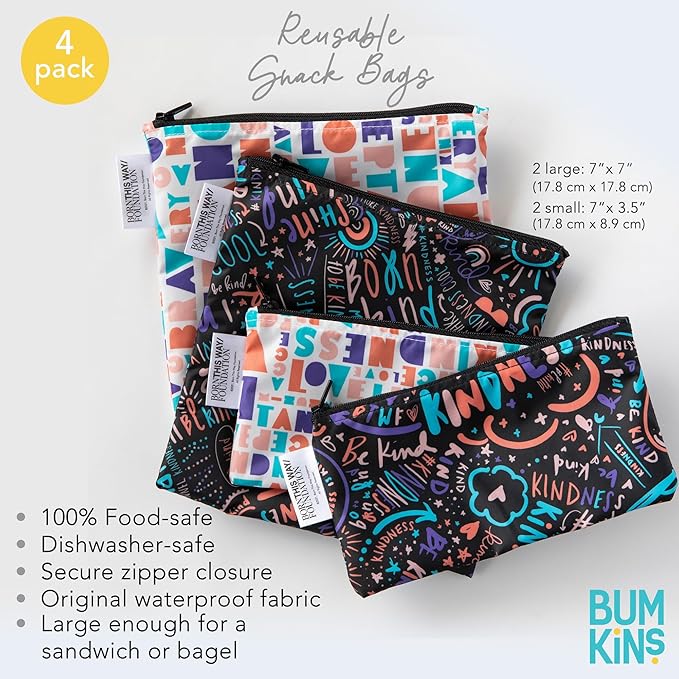 Bumkins - Cloth Snack & Sandwich Bags - For Storage, Travel, Food Prep, Lunch - Reusable, Water Resistant, Washable, Dishwasher Safe - Snack Bags for Kids - Zipper Closure - BTWF Kindness - 4 Pack