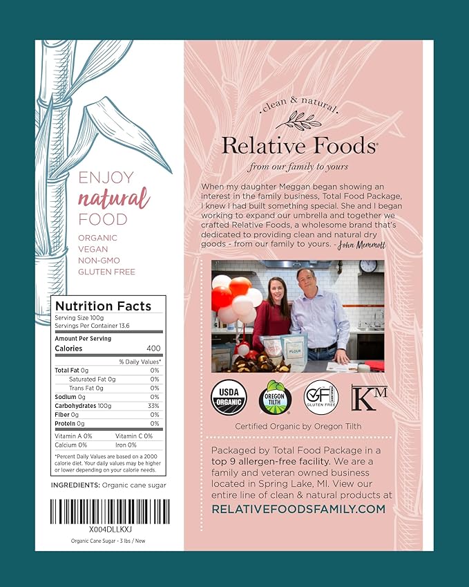 Organic Cane Sugar Crystals (3lb sugar packet) - Preservative & bone-char free, vegan food sugar substitute, gluten free, Non-GMO, fine natural sugar sweetener for cooking, beverages, & more