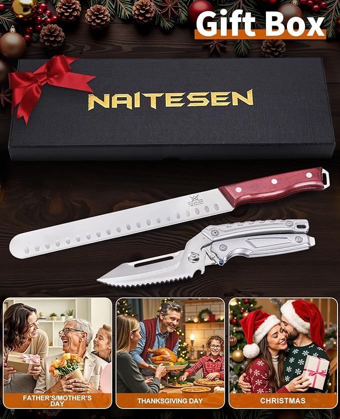 2PCS Brisket Carving Knife and Poultry Shears Set for BBQ, Very Sharp Butcher Slicing Knife, Heavy Duty Kitchen Scissors for Meat Beef Turkey Cutting, Gifts for Men Women