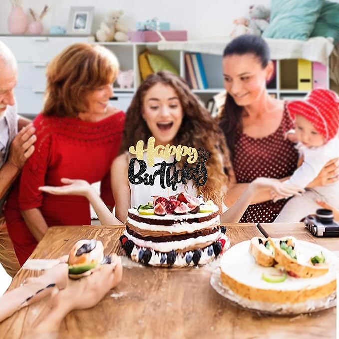 Ephlyn 1Pcs Happy Birthday Cake Topper Glitter Cake Pick for Celebrating Anniversary Theme Party Cake Decorations Supplies Black Gold