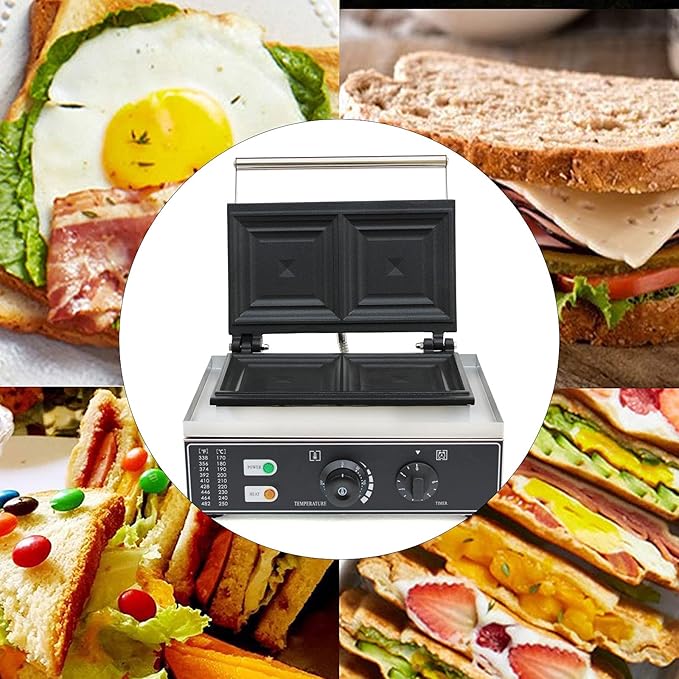 Sandwich Maker, 110V 1500W Sandwich Toaster for Bakeries Home 2Pc Commercial Sandwich Machine with Nonstick Plates LED Indicator Lights