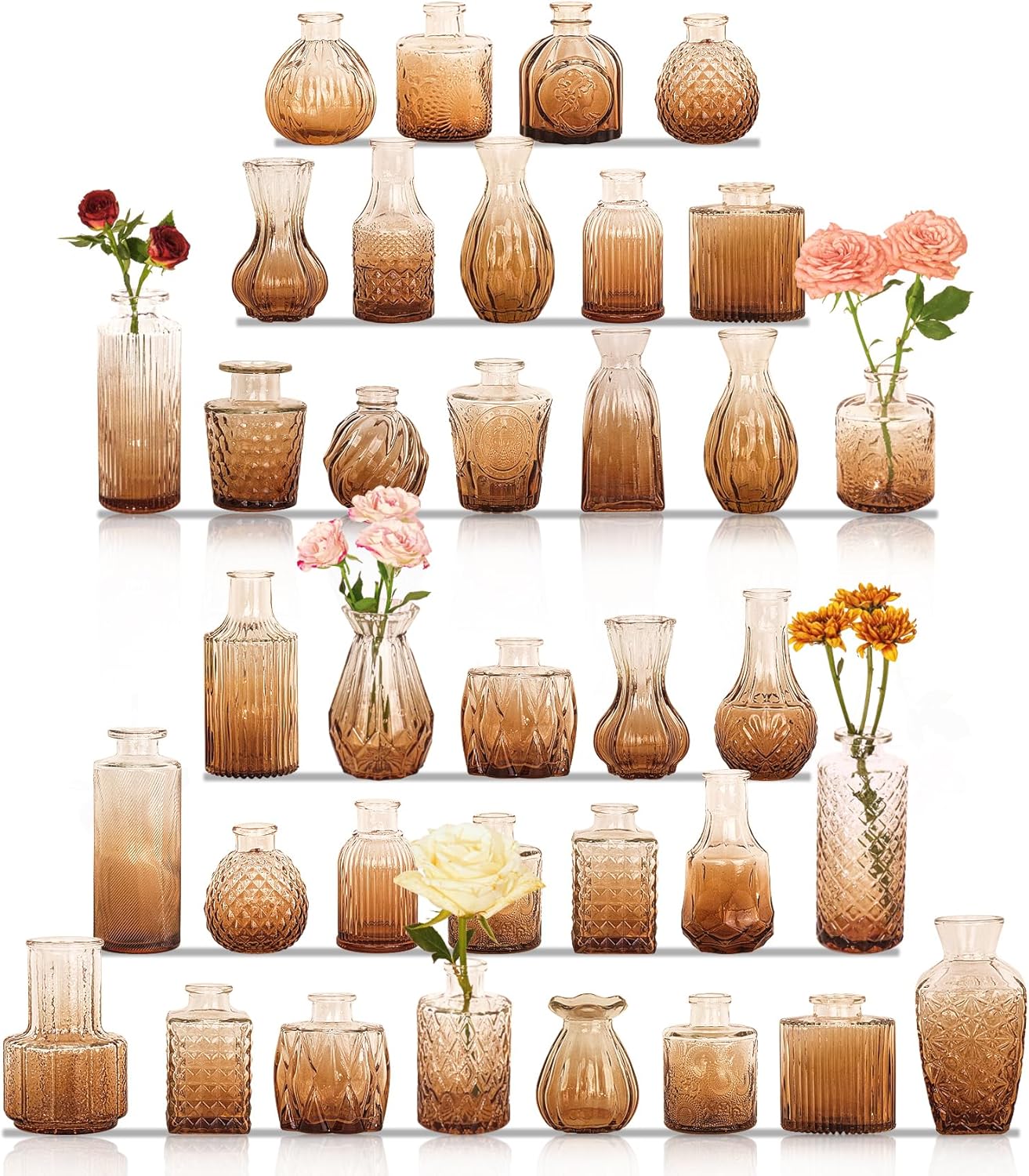 36Pcs Bud Vases Set Small Vintage Glass Bottles Bud Vases in Bulk Multiple Shape Cute Glass Vases for Rustic Wedding Centerpieces Table Decorations and Home Decor(Amber)