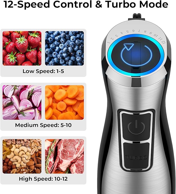 KOIOS Immersion Blender, 1100W 5-in-1 Multi-Purpose Hand Blender, 12-Speed, 600ml Beaker, 500ml Chopper, Egg Whisk, Milk Frother, Black